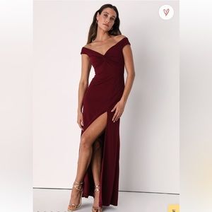 Lulu's Behold My Love Burgundy Off-The-Shoulder Twist-Front Maxi Dress; Medium